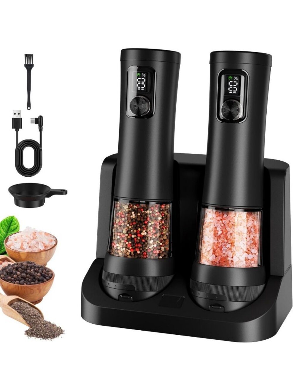 Automatic Electric Salt & Pepper Grinder Set - Refillable, 2-Speed, LED Light